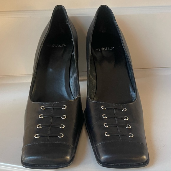 Mano Vintage Style Square Toe Laced Brown Leather Pumps Size 8 - Picture 3 of 11